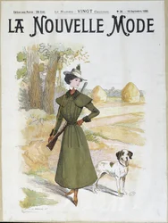 Mujer en atuendo de caza con un rifle - en "La Nouvelle Mode" de sept. 1898