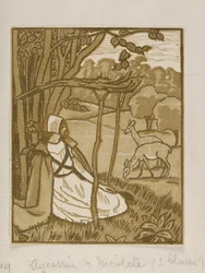 Niñas sentadas bajo un árbol con ciervo, grabado en madera de Lucien Pissarro, c. 1880-1940