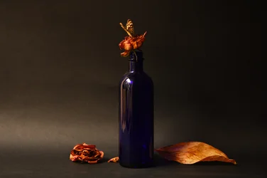 Rosa seca en una botella azul