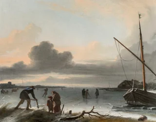 Paisaje invernal con trineos, patinadores y golfistas en un lago congelado