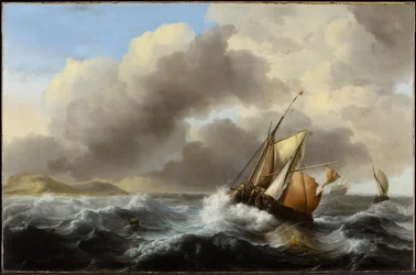 Barcos de pesca en alta mar con mar agitada, 1864