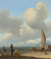 Holandés: Zeegezicht met figuren bij een vissersboot op het strand Un extenso paisaje marino con figuras junto a una barca en una orilla cerca de Huisduinen