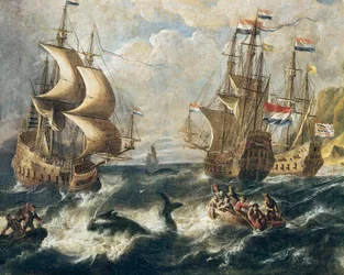 Detalle ""La caza de ballenas"". Pintura de Ludolf Backhuysen (1631-1708). nancy Museo de Bellas Artes.