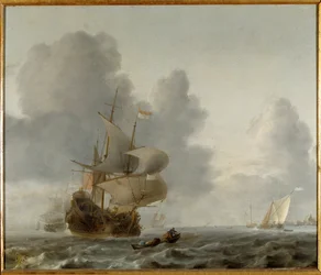 Buques de guerra y barcos más pequeños en una brisa (óleo sobre lienzo)