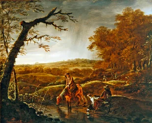 Cazadores descansando con un caballo y perros junto a un arroyo, c.1650