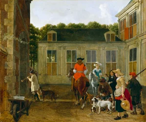 Fiesta de caza en el patio de una casa de campo