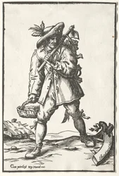 Campesino con azada, cesta y gallina