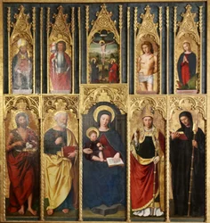 Retablo, 10 pinturas: Virgen con el Niño entre San Juan Bautista y San Pedro, Un obispo y un abad, Cristo en la cruz entre San Juan y la Virgen, San Martín y San Víctor, San Sebastián y Santa Margarita.