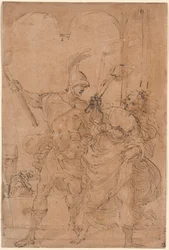 Alejandro y Thaïs incendiando Persépolis, probablemente hacia 1592 (pluma y tinta)