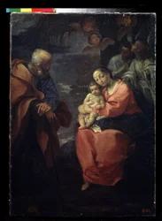 ""Descanso de la Sagrada Familia en la Huida a Egipto"" (La Sagrada Familia bajo una palmera (Descanso en la Huida a Egipto)) Pintura de Ludovico Carracci (Ludovic Carracci