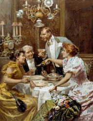 Hermoso tiempo: “la buena cena” Dos parejas en un salón privado beben champán. Ilustración de Ludovico Marchetti (1853-1909) 1893 Colección privada