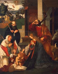 Nacimiento con San Bernardo y San Alberico, hacia 1505-1510, de Ludovico Mazzolino (hacia 1480-hacia 1530), óleo sobre lienzo, 219x176 cm