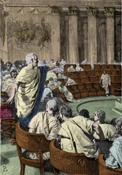 Cicerón denuncia al conspirador Catilina (Lucio Sergio Catilina) (108-62 a.C.) el 7 de noviembre de 63 a.C., durante el discurso del primer catilinario. La escena tiene lugar en Roma en el Senado, ilustración de Pogliaghi