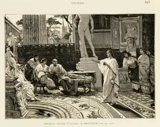 Mecenas escuchando a Virgilio leyendo la Eneida, ilustración de Lodovico Pogliaghi (1857-1950) para Historia temprana de Roma, de Francesco Bertolini (1836-1909), edición Fratelli Treves, Milán