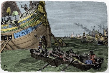 Marco Antonio (83-30 a.C.) se une a Cleopatra (51-30 a.C.) en la huida tras la derrota en la batalla de Actium el 2/09/31 a.C., ilustración de Ludovico Pogliaghi de "Storia d