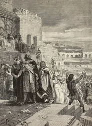 Matrimonio de Ugo y Marozia, cortejo nupcial en presencia del Papa, grabado de E. Mancastroppa a partir de un cuadro de Lodovico Pogliaghi (1857-1950), de L