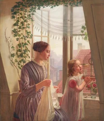 Interior con madre e hija junto a una ventana