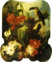 Aves exóticas y flores