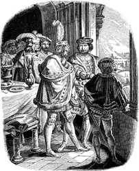 Frederick I comiendo en el Castillo de Heidelberg 1462. Ilustración de la Geschichte des deutschen Volkes por E. Duller, 1840