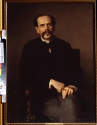 “Retrato de hombre” Viste traje negro y lleva un anillo de sello en el dedo. Pintura de Ludwig Knaus (1829-1910). Museo de Bellas Artes Iván Kramskói (o Kramskoi) en Vorónezh (Voronezh), Rusia.