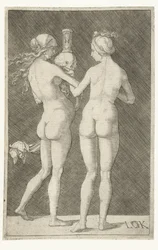 Dos mujeres desnudas con calavera y reloj de arena.