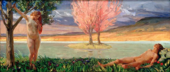 Adán y Eva en un paisaje paradisíaco