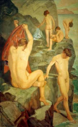 Bañistas en la roca negra