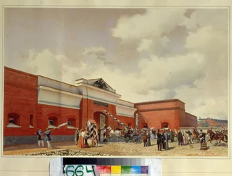 La fortaleza marítima de Kronstadt. Puerta de San Petersburgo. (La Fortaleza Marítima de Kronstadt. La Puerta de San Petersburgo). Obra de Luigi Premazzi (1814-1891), acuarela sobre papel
