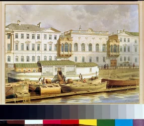 Palacio Shuvalov (o Narychkine) sobre el río Fontanka, San Petersburgo (Rusia) (Palacio Narishkin sobre el río Fontanka) - Pintura de Ludwig (Luigi) Premazzi (1814-1891), acuarela sobre papel, mediados del siglo XIX - Colección privada