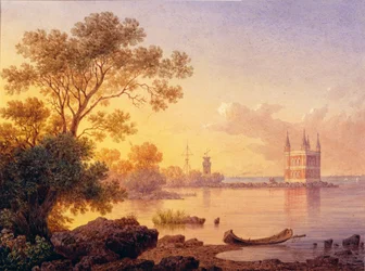 Vista del pabellón rosa (Ozerki) en Peterhof (San Petersburgo). Obra de Luigi Premazzi (1814-1891), acuarela sobre papel. Arte italiano del siglo XIX, academicismo. Museo Estatal al Aire Libre Peterhof, San Petersburgo.