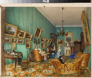 Interior de una sala de estar. (descripción de la decoración y los muebles rusos en el siglo XIX). Obra de Luigi Premazzi (1814-1891), acuarela sobre papel
