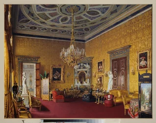 El Salón de Lyon (el Salón de Dibujo Amarillo) del Gran Palacio de Tsarkoye Selo (Rusia). Obra de Luigi Premazzi (1814-1891), acuarela sobre papel