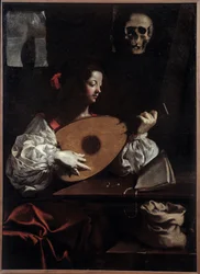 Tocador de laúd. Pintura (Vanitas) por Luigi Miradori (siglo XVII)