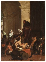 Transepto norte, Altar de San Rocco 1635, 45, Genovesino 1645, Distribución de bienes a los pobres, Pintado en la parte inferior izquierda