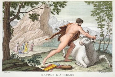 Hércules y Aqueloo, Libro IX, ilustración de las Metamorfosis de Ovidio, Florencia, 1832