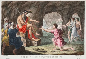 Orfeo en el infierno o Orfeo pide a Plutón a Eurídice, Libro X, ilustración de las Metamorfosis de Ovidio, Florencia, 1832