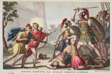París Mata a Aquiles o Paride dirigido por Apolo Ferince Achille, Libro XIII, ilustración de las Metamorfosis de Ovidio, Florencia, 1832