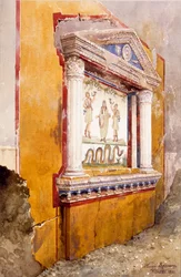 Lararium del altar familiar, visto in situ después de la excavación, Casa de Aulus Vettius, Pompeya, c.36-39 AD, 1895