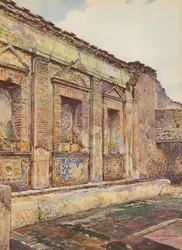 Pompeya: Casa del Torello, Vista arquitectónica del Ninfeo (litografía en color)