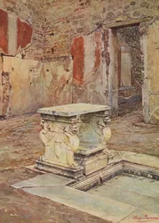 Pompeya: Calle del balcón colgante, casa con impluvium y mensa de mármol (litografía en color)