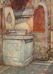 Pompeya: Casa de L Caecilius Jucundus, Lararium (litografía en color)