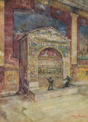 Pompeya: Casa de la Fuente Pequeña, Fuente de mosaico (litografía en color)