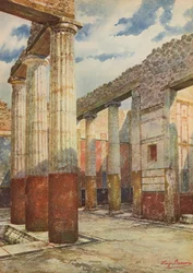 Pompeya: Casa patricia, atrio con columnas (litografía en color)