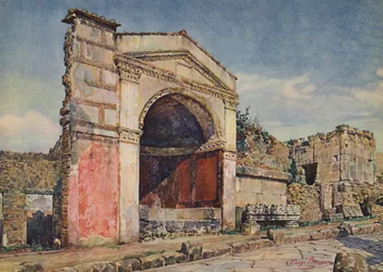 Pompeya: Sepulcro con exedra, Tumba del Vaso de Cristal y Tumba de las Guirnaldas (litografía en color)