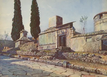 Pompeya: Via dei Sepolcri, tumbas y cipreses (litografía en color)