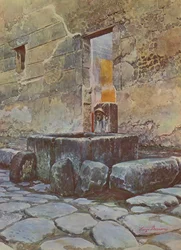 Pompeya: Via di Mercurio, Fuente con el emblema de Mercurio (litografía en color)