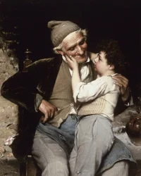 Il Nipotino Preterito (El nieto perfecto). Un niño toca la cara de su abuelo, que sonríe y le mira con ternura. Pintura de Luigi Bechi (1830-1919). Óleo sobre lienzo. Colección privada.