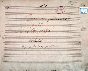 Primera página firmada por el autor de la partitura del Concierto para violonchelo y orquesta en mi bemol, de Luigi Boccherini