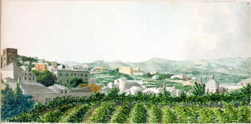 Vista sobre la ciudad de Génova con el campanario de Santo Stefano