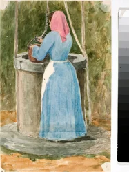 Mujer del pueblo sacando agua del pozo